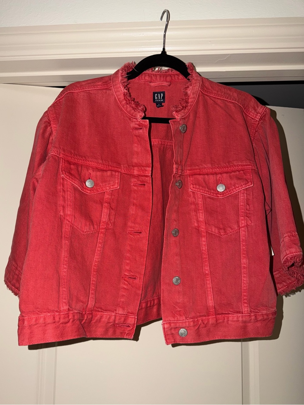 GAP Girls Coral-Red Denim Jacket with Frayed Collar